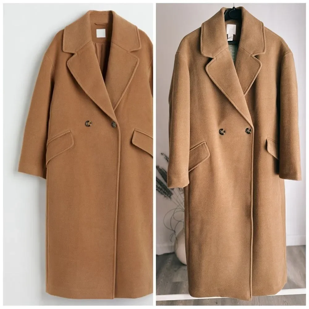H&M Coat Double-Breasted Dark Beige New